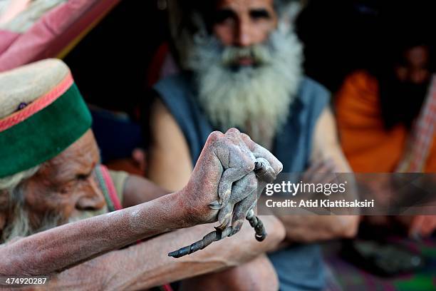 Naga Sadhu holds up his hand, with long twisted fingernails, into the air at the Sangam, the confluence of Ganges, Yamuna and mythical Saraswati...