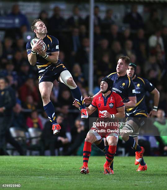 Chris Pennell of Worcester catches the ball during the Greene King IPA Championship Final 2nd leg match between Worcester Warriors and Bristol at...