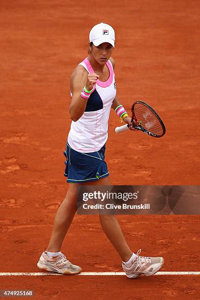 Silvia Soler-Espinosa of Spain celebrates a point in her Women's Singles match against Petra Kvitova of Czech Republic on day five of the 2015 French...