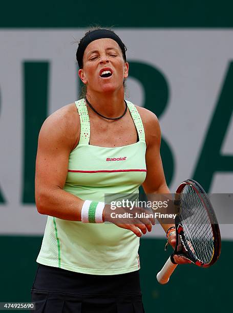 Lourdes Dominguez Lino of Spain reacts during her women's singles match against Andrea Petkovic of Germany on day five of the 2015 French Open at...
