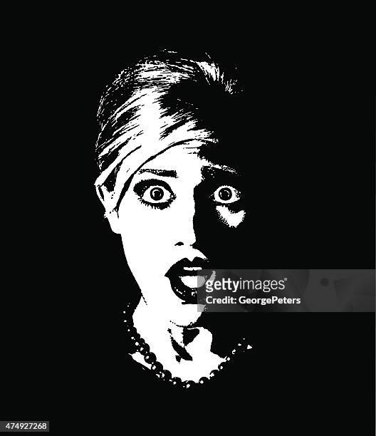 retro style illustration of a terrified woman. silhouette - murder 幅插畫檔、美工圖案、卡通及圖標