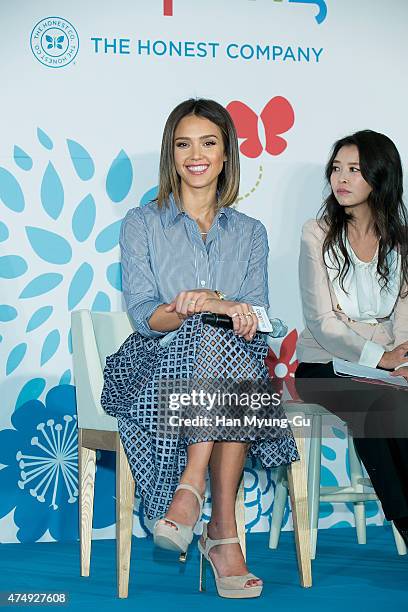 Actress Jessica Alba, hair detail, attends the press conference for E-commerce company "COUPANG" at the Grand Intercontinental Hotel on May 28, 2015...