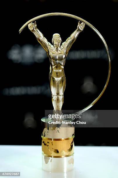 The Laureus statuette is displayed during the Laureus World Sports Awards 2014 Nominations Announcement at the Hotel Shangri-la on February 26, 2014...