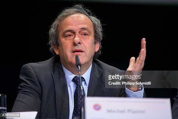 President Michel Platini attends a press conference prior to the 65th FIFA Congress at Hallenstadion on May 28, 2015 in Zurich, Switzerland.