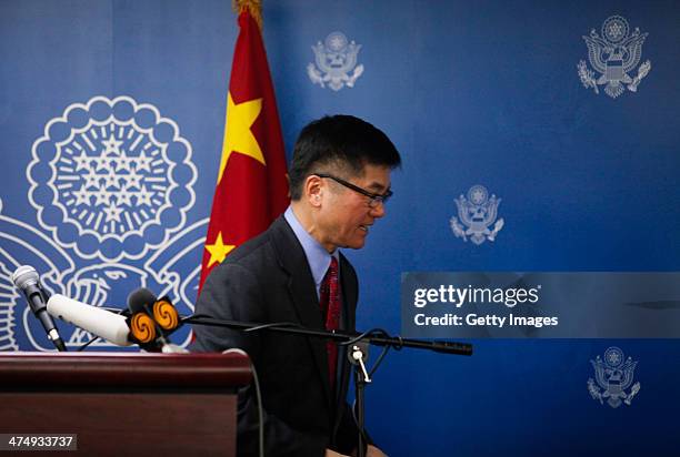 Ambassador to China Gary Locke delivers his farewell speech at the Beijing American Center on February 26, 2014 in Beijing, China. Gary Locke will...