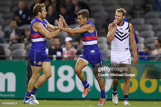 Stewart Crameri and Daniel Giansiracusa of the Bulldogs celebrate a goal during the round three AFL NAB Challenge match between the Western Bulldogs...