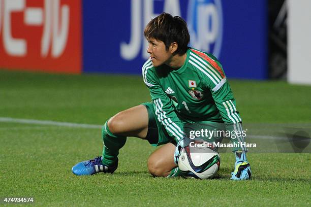 Miho Fukumoto of Japan in action in half time practice during the Kirin Challenge Cup 2015 women's soccer international friendly match between Japan...