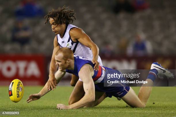 Tendai Mzungu of the Dockers tackles Tom Young of the Bulldogs marks the ball during the round three AFL NAB Challenge match between the Western...