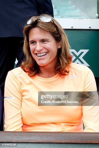 Tennis player Amelie Mauresmo, pregnant, watches the match of Andy Murray during the 2015 Roland Garros French Tennis Open - Day Five, on May 28,...