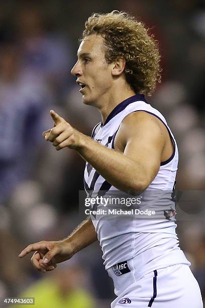 Chris Mayne of the Dockers celebrates a goal during the round three AFL NAB Challenge match between the Western Bulldogs and the Fremantle Dockers at...