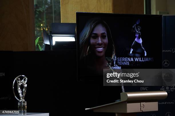 Serena Williams of USA picture is flashed on the TV screen when his name is announced as one of the Nominee of the Laureus World Sportwoman of the...