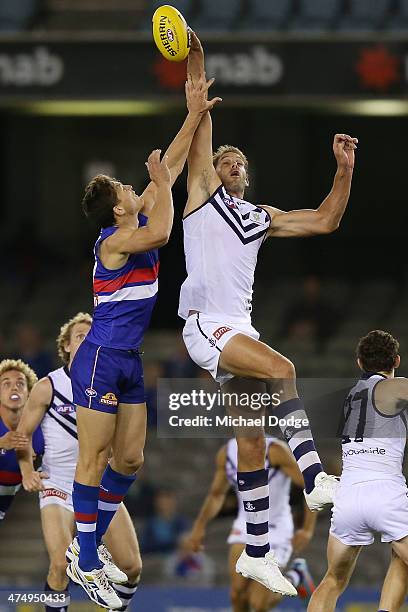 Will Minson of the Bulldogs and Aaron Sandilands of the Dockers contest for the ball during the round three AFL NAB Challenge match between the...