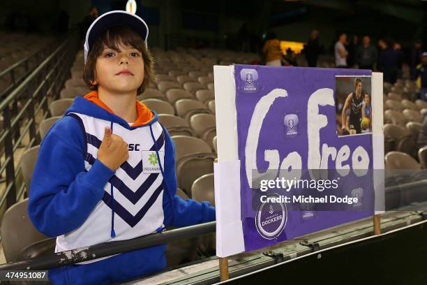 Dockers fan shows his support during the round three AFL NAB Challenge match between the Western Bulldogs and the Fremantle Dockers at Etihad Stadium...