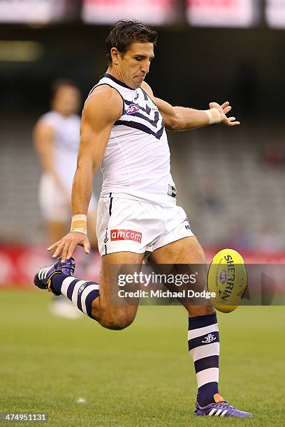 Matthew Pavlich of the Dockers kicks the ball during the round three AFL NAB Challenge match between the Western Bulldogs and the Fremantle Dockers...