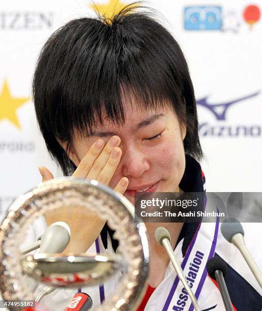 Kasumi Ishikawa sheds tear as she celebrates winning the Women Singles title during a press conference in the day five of the All Japan Table Tennis...