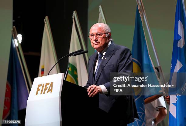 President Joseph S. Blatter talks during the 65th FIFA Congress Opening Ceremony at Theatre 11 of the Hallenstadion on May 28, 2015 in Zurich,...