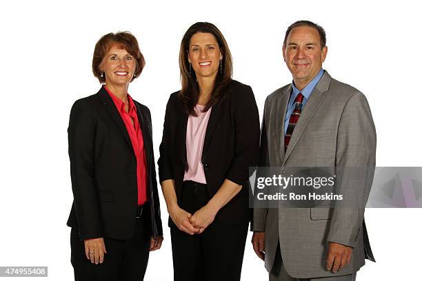 Gail Goestenkors, Stephanie White and Gary Kloppenburg of the Indiana Fever poses for a portrait during Fever Media Day on May 27, 2015 at Bankers...