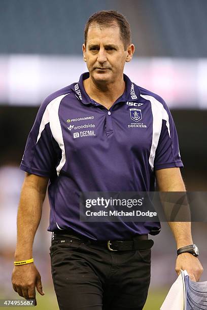 Dockers coach Ross Lyon looks ahead during the round three AFL NAB Challenge match between the Western Bulldogs and the Fremantle Dockers at Etihad...