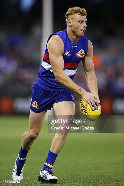 Adam Cooney of the Bulldogs looks ahead during the round three AFL NAB Challenge match between the Western Bulldogs and the Fremantle Dockers at...