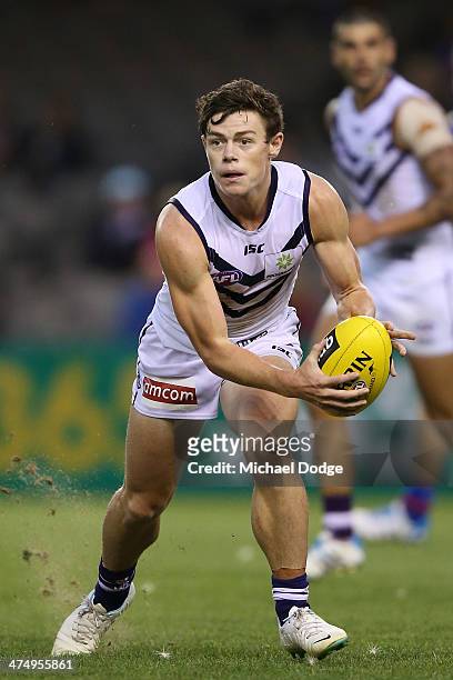 Lachie Neale of the Dockers looks ahead during the round three AFL NAB Challenge match between the Western Bulldogs and the Fremantle Dockers at...