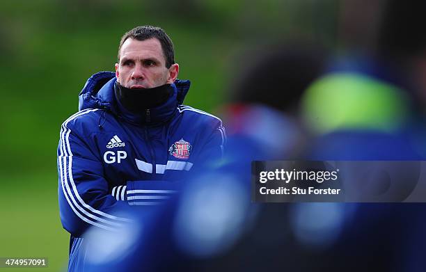 Sunderland manager Gus Poyet looks on during Sunderland training ahead of sunday's Capital One Cup Final against Manchester City at the Academy of...