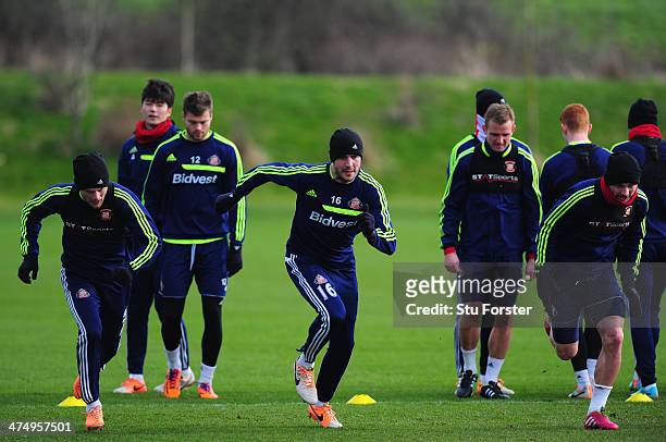 Sunderland players from left to right Sebastian Larsson, John O' Shea and Phil Bardsley in action during Sunderland training ahead of sunday's...