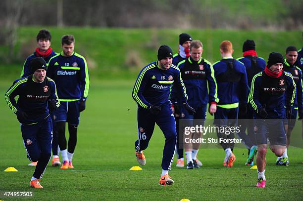 Sunderland players from left to right Sebastian Larsson, John O' Shea and Phil Bardsley in action during Sunderland training ahead of sunday's...