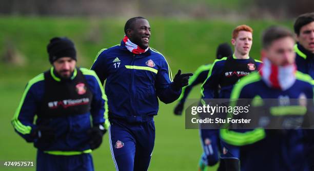 Sunderland player Jozy Altidore shares a joke with his team mates during Sunderland training ahead of sunday's Capital One Cup Final against...