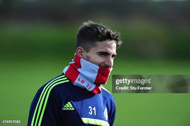 Sunderland player Fabio Borini looks on during Sunderland training ahead of sunday's Capital One Cup Final against Manchester City, at the Academy of...