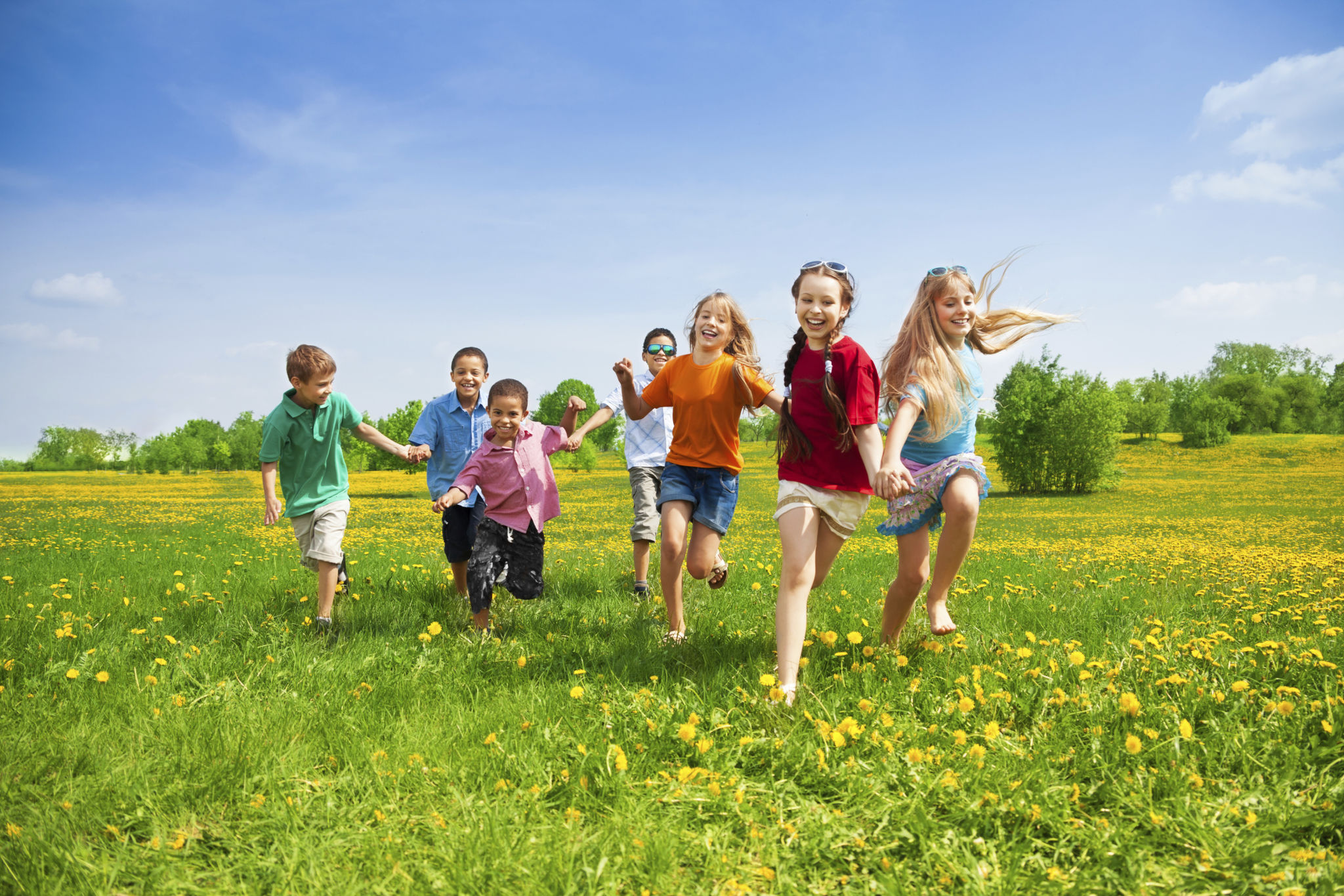 children teamwork flowers