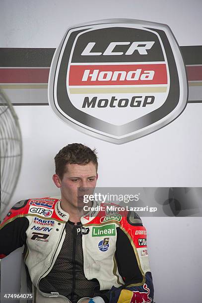 Stefan Bradl of Germany and LCR Honda MotoGP looks on in box during the MotoGP Tests in Sepang - Day One at Sepang Circuit on February 26, 2014 in...