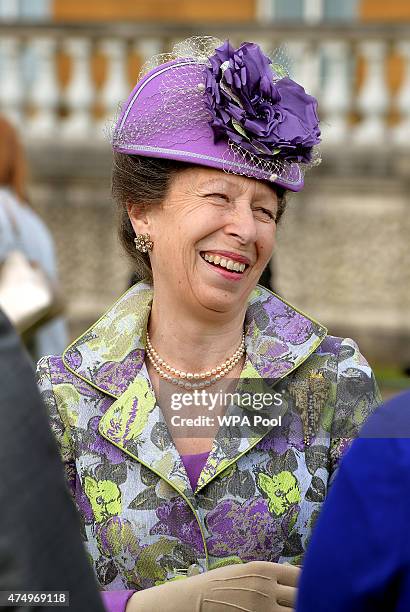 Princess Anne, Princess Royal talks to guests as she attends a Garden Party at Buckingham Palace on May 28, 2015 in London, England.