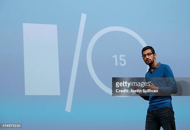 Google senior vice president of product Sundar Pichai delivers the keynote address during the 2015 Google I/O conference on May 28, 2015 in San...
