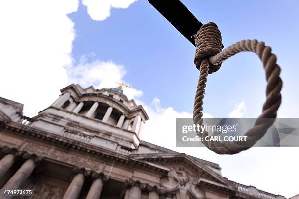 Noose is pictured during a demonstration outside the Old Bailey court in London, on February 26 ahead of the sentencing of Michael Adebolajo and...