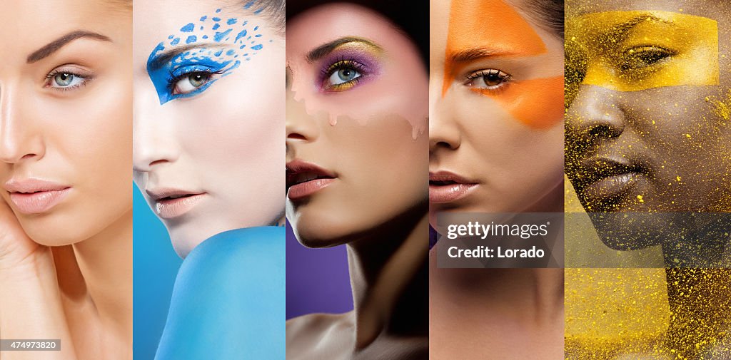 Close-up of women's faces with various colourful make-ups