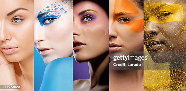 close-up of women's faces with various colourful make-ups - yellow eyeshadow stock pictures, royalty-free photos & images