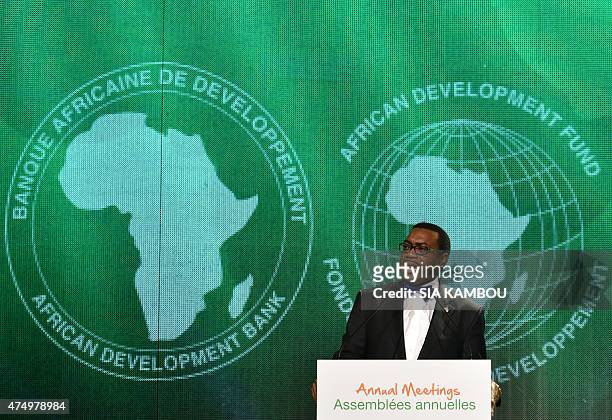 The new president of the African Development Bank Akinwumi Adesina delivers a speech on May 28, 2015 in Abidjan following his election at the AfDB...