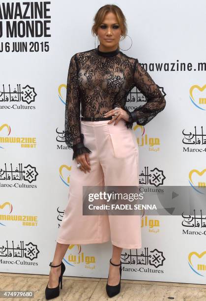 Actress and singer Jennifer Lopez poses during a photocall on May 28, 2015 in the Moroccan capital Rabat on the eve of the opening of the 14th...