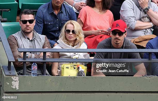 Zlatan Ibrahimovic of PSG and his wife Helena Seger cheer for their friend Novak Djokovic of Serbia during his match against Gilles Muller of...