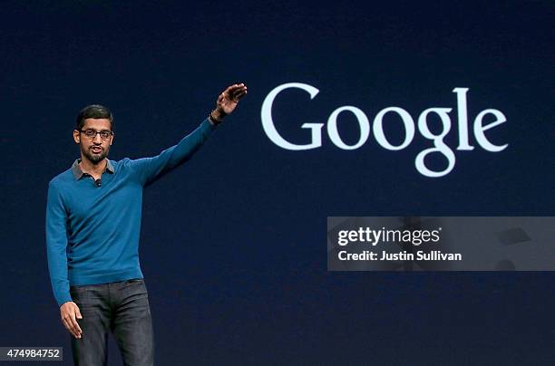 Google senior vice president of product Sundar Pichai delivers the keynote address during the 2015 Google I/O conference on May 28, 2015 in San...