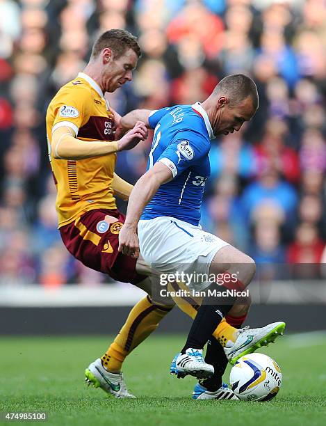 Kenny Miller of Rangers vies with Stephen Pearson of Motherwell during the Scottish Premiership play off final, first leg match between Rangers and...