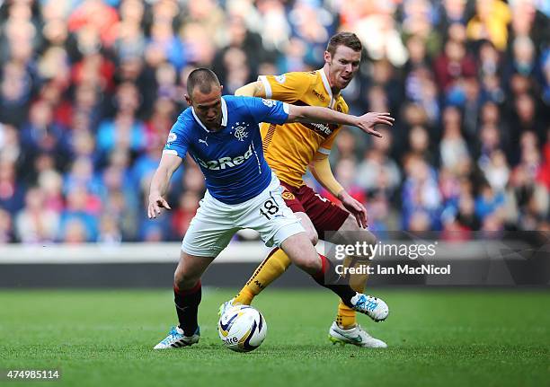 Kenny Miller of Rangers vies with Stephen Pearson of Motherwell during the Scottish Premiership play off final, first leg match between Rangers and...