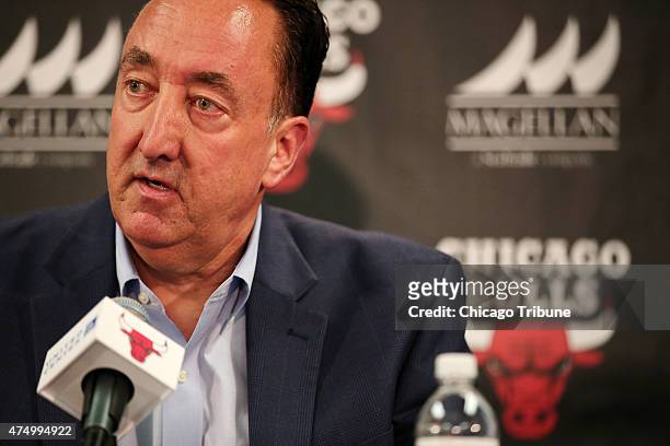 Chicago Bulls general manager Gar Forman speaks to reporters about the team's decision to fire head coach Tom Thibodeau on Thursday, May 28 at the...