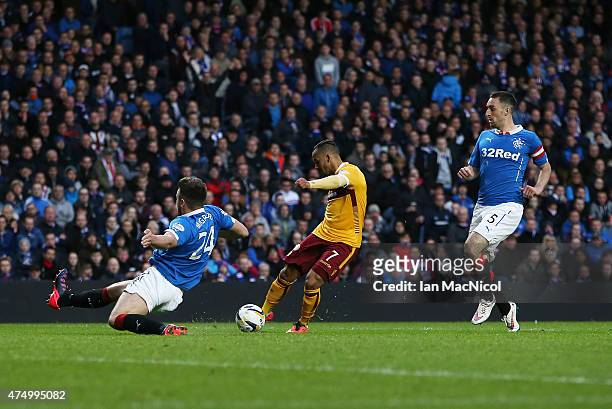 Lionel Ainsworth of `Motherwell scores during the Scottish Premiership play off final, first leg match between Rangers and Motherwell at Ibrox...