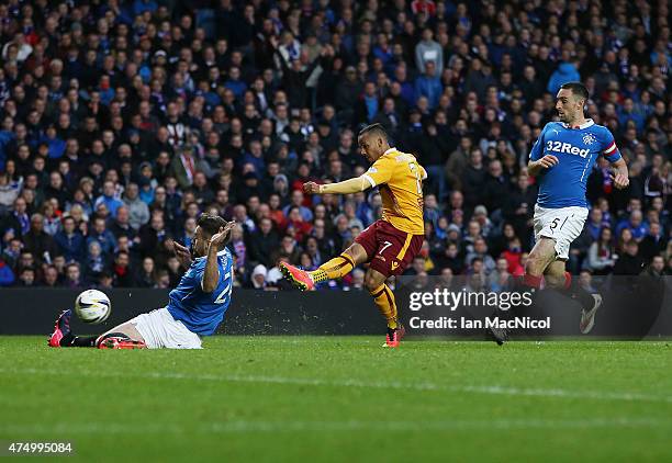 Lionel Ainsworth of `Motherwell scores during the Scottish Premiership play off final, first leg match between Rangers and Motherwell at Ibrox...