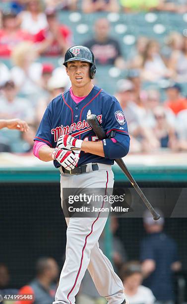 Doug Bernier of the Minnesota Twins reacts after striking out during the fifth inning against the Cleveland Indians at Progressive Field on May 10,...