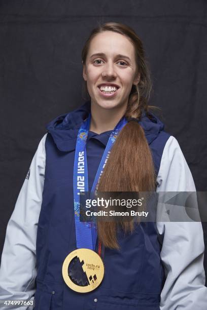 Winter Olympics: Portrait of USA Maddie Bowman posing with gold medal for winning Women's Ski Halfpipe during photo shoot at Main Media Center....
