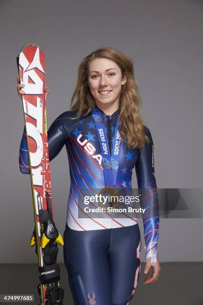 Winter Olympics: Portrait of USA Mikaela Shiffrin posing with gold medal for winning Women's Slalom during photo shoot at Main Media Center. Sochi,...