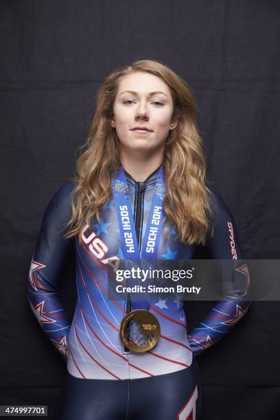 Winter Olympics: Portrait of USA Mikaela Shiffrin posing with gold medal for winning Women's Slalom during photo shoot at Main Media Center. Sochi,...