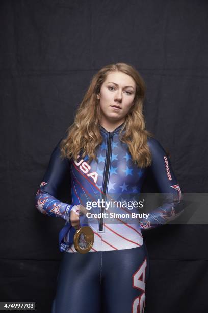 Winter Olympics: Portrait of USA Mikaela Shiffrin posing with gold medal for winning Women's Slalom during photo shoot at Main Media Center. Sochi,...